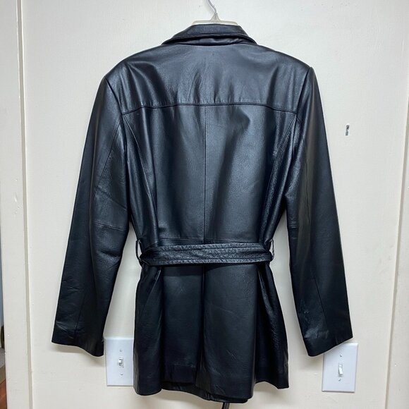 Worthington Women's Black Genuine Leather Blazer Jacket Petite Medium Belted - Picture 3 of 4